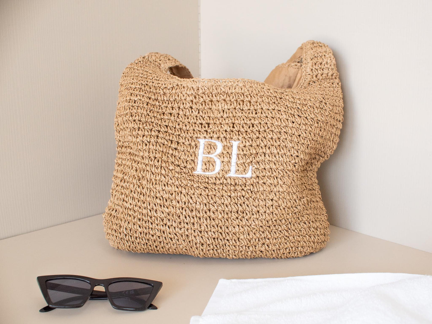 Personalized Embroidered Raffia Beach Shoulder Bag - Custom Straw & Hessian Tote