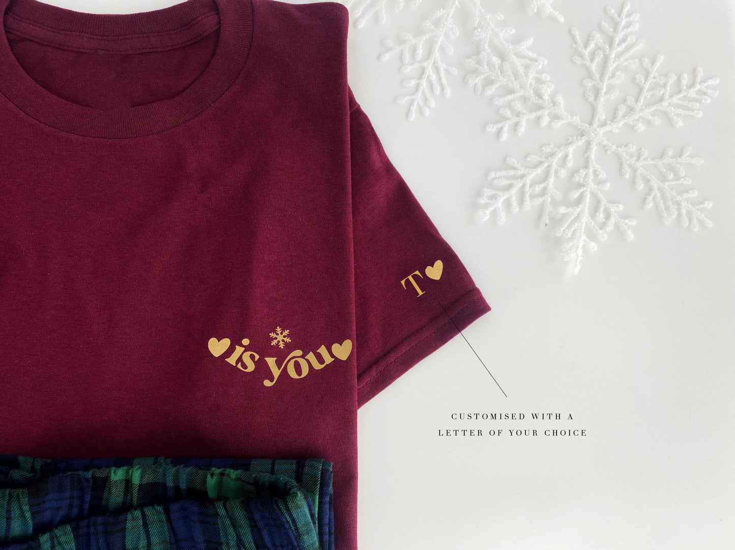 Couples Christmas Pyjamas: Burgundy Shirts, Tartan Flannel Bottoms, Personalized Initial Sleeve
