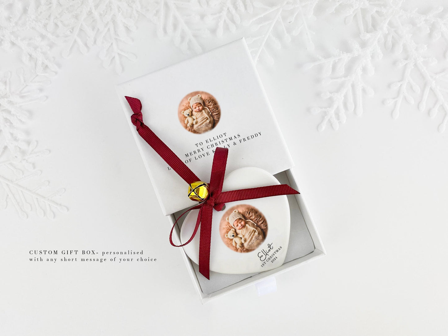 Personalized Baby's First Christmas Ornament: Watercolor Photo Ceramic Bauble