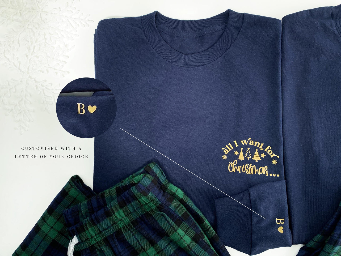 Matching long sleeve Christmas Couples Pyjamas: Tartan, Personalized Initials on sleeve