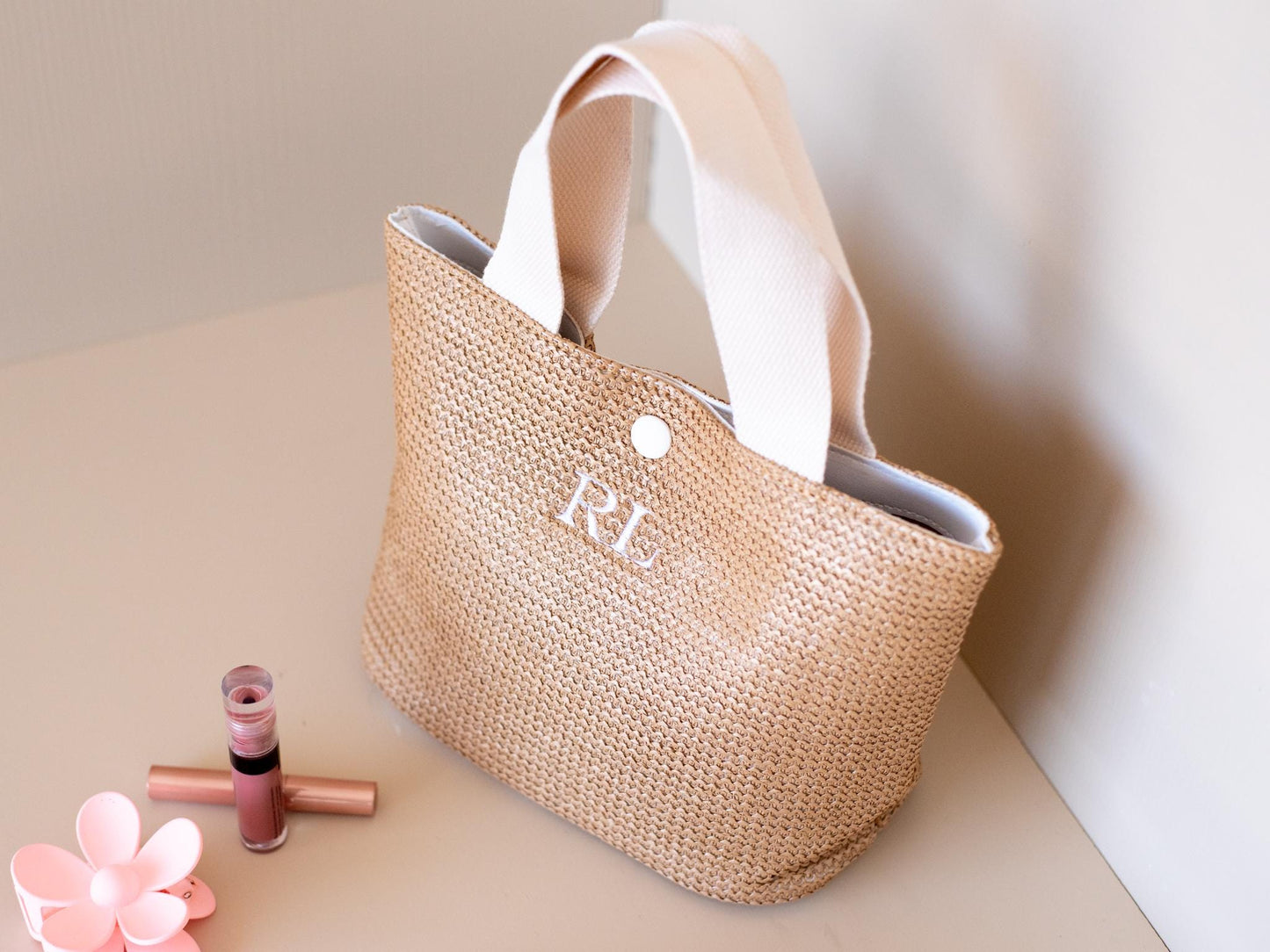 Bridesmaid Gift Bag – Personalized Embroidered Straw Tote, Custom Ribbon