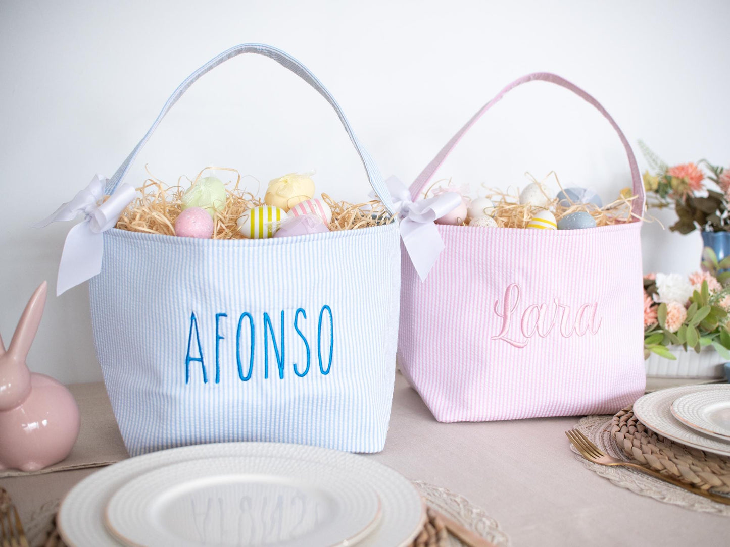 Personalized Easter Basket: Embroidered Seersucker Bunny Bucket