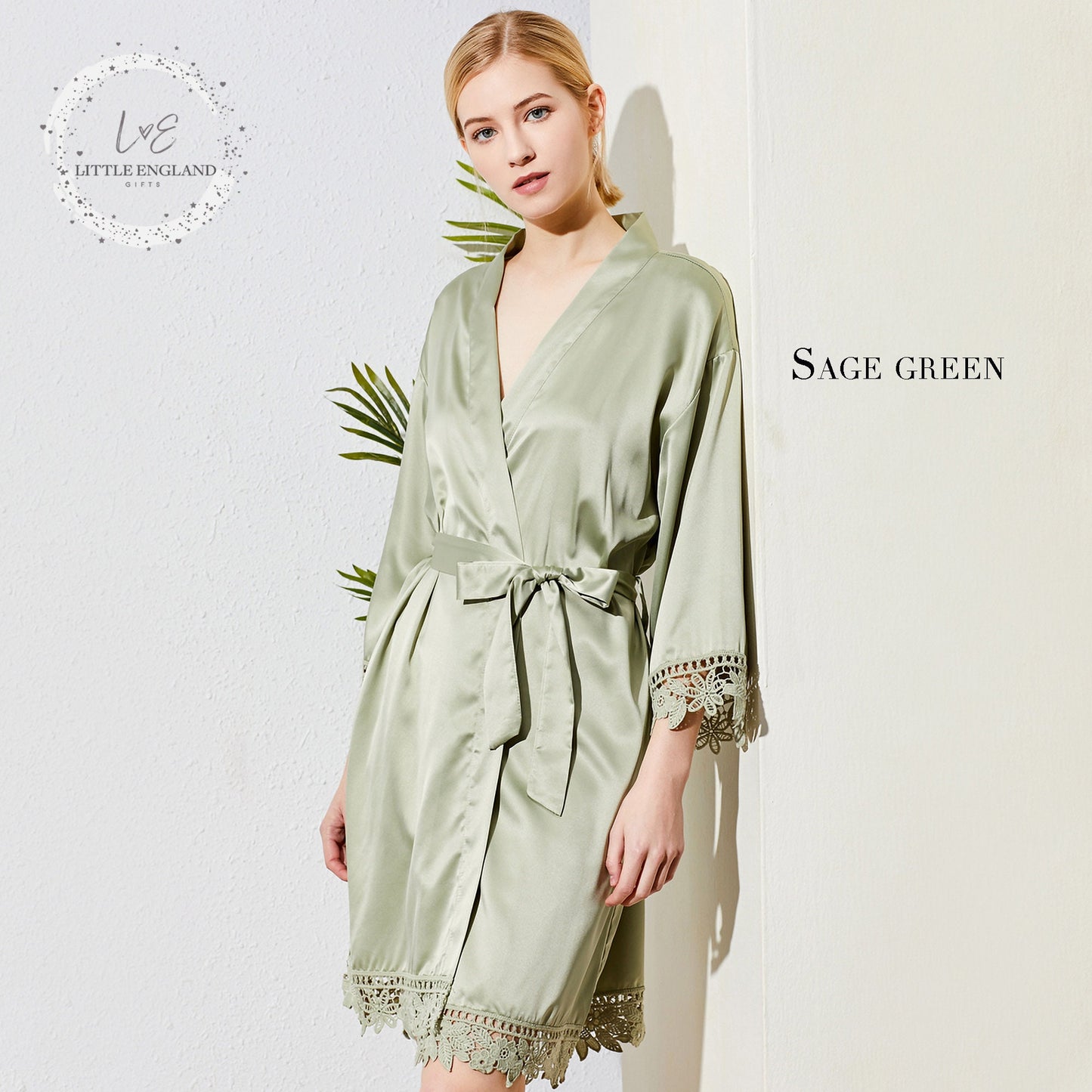 Personalized Satin Bridal Robe, Lace Detail, Sage Green Kimono