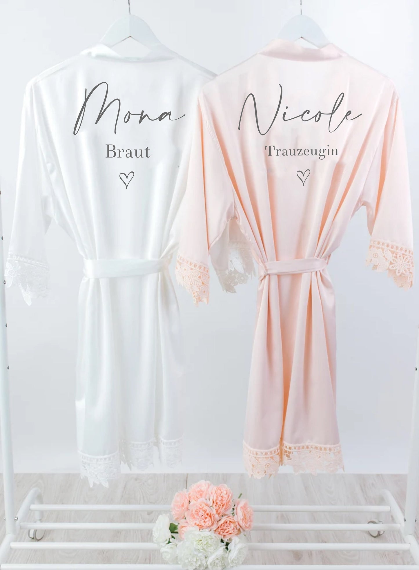 Personalized Satin Bridal Robe, Lace Detail, Sage Green Kimono
