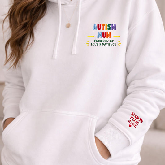 Personalised Autism Mama Embroidered Sweatshirt, Custom Kids Names Sleeve Hoodie