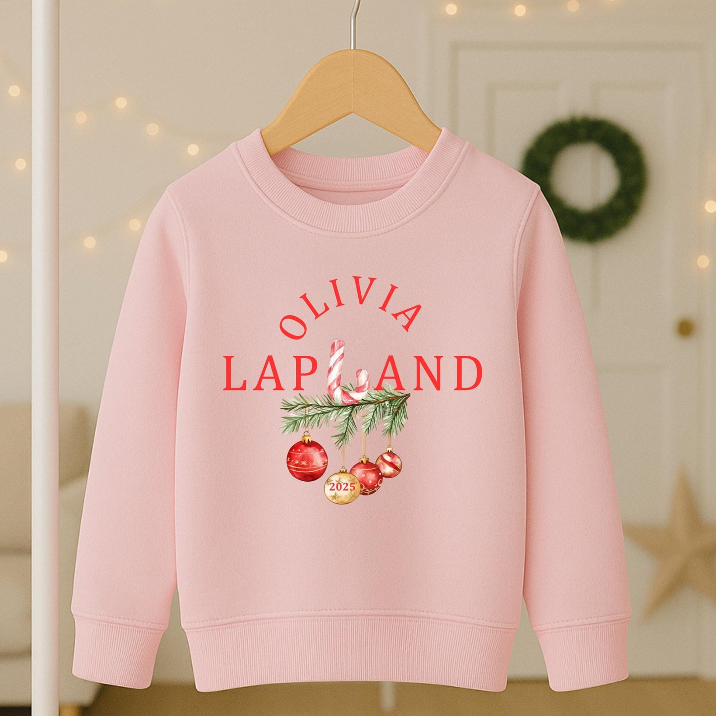 Personalised Kids Lapland Christmas Sweatshirt, Candy Cane Design