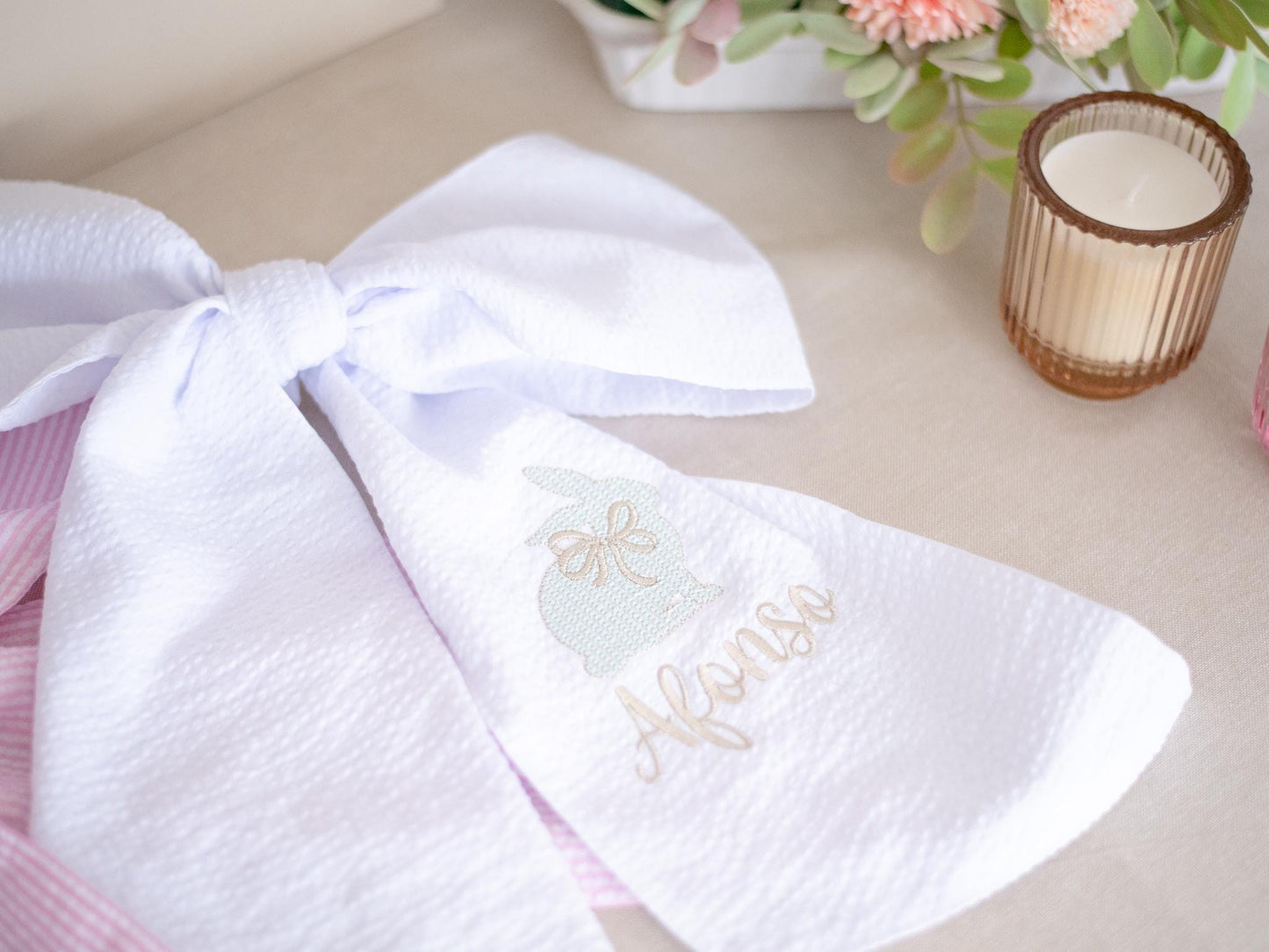 Embroidered Easter Basket Sash: Custom Seersucker Bow