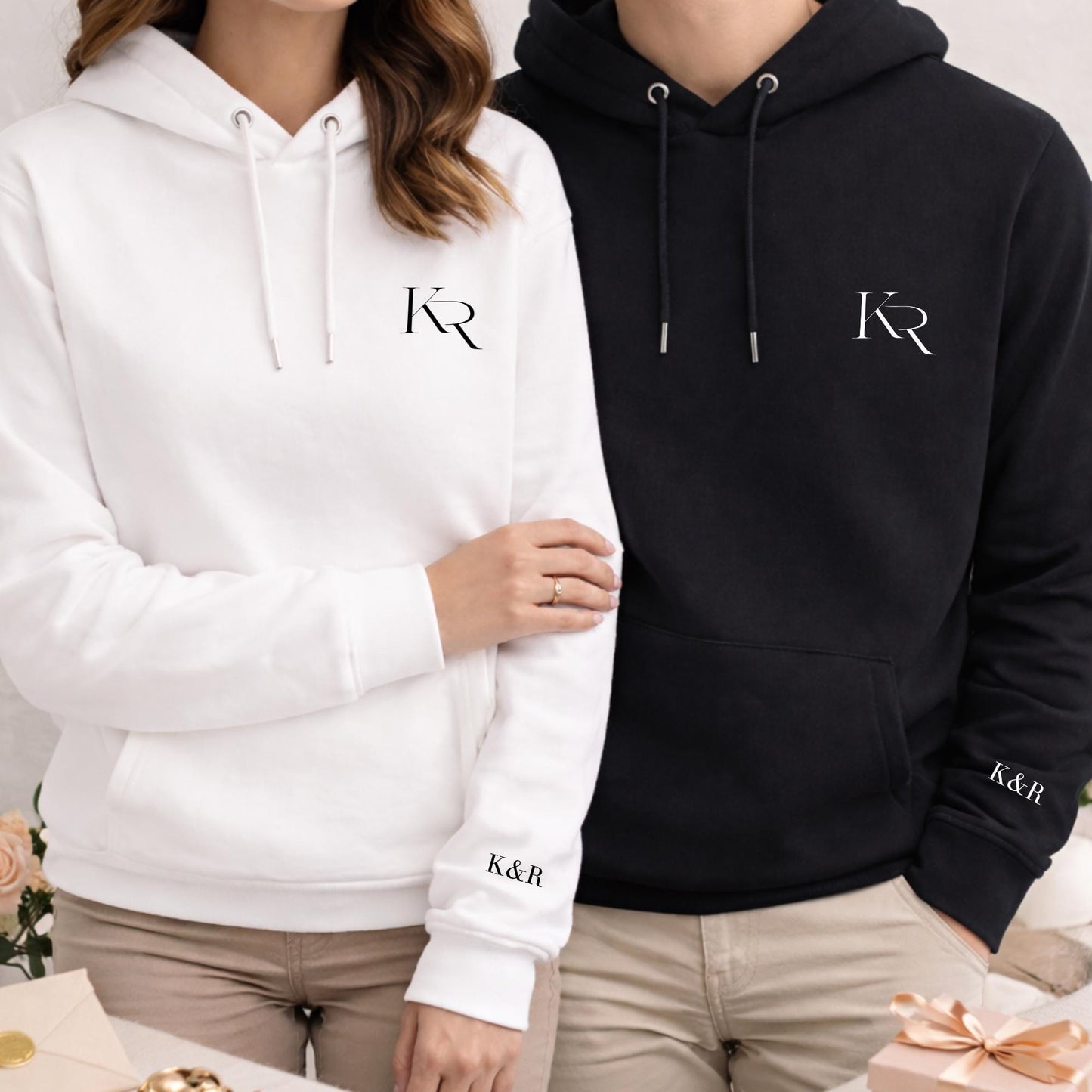 Personalized Couples Hoodie: Valentine's Day Gift, Custom Initials & Sleeve Message