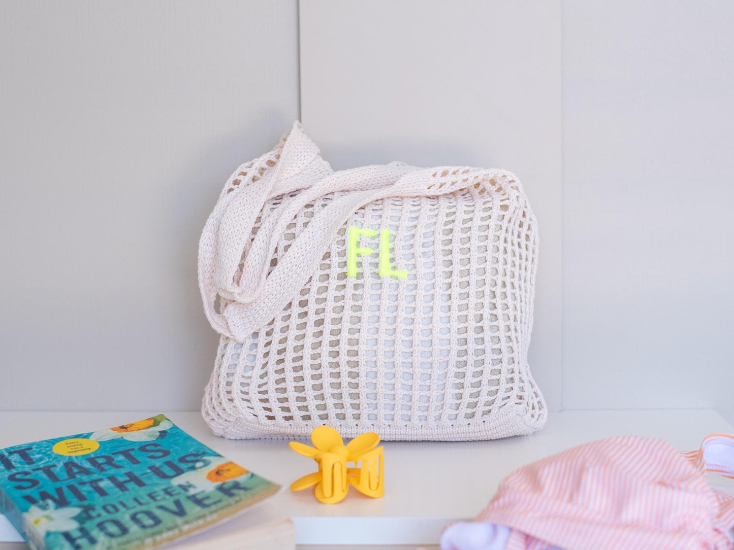Crochet Market Tote with Initials – Personalized Cotton Mesh Bag