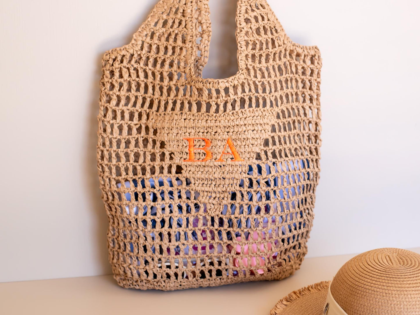 Personalized Raffia Beach Tote: Embroidered Initial Monogram