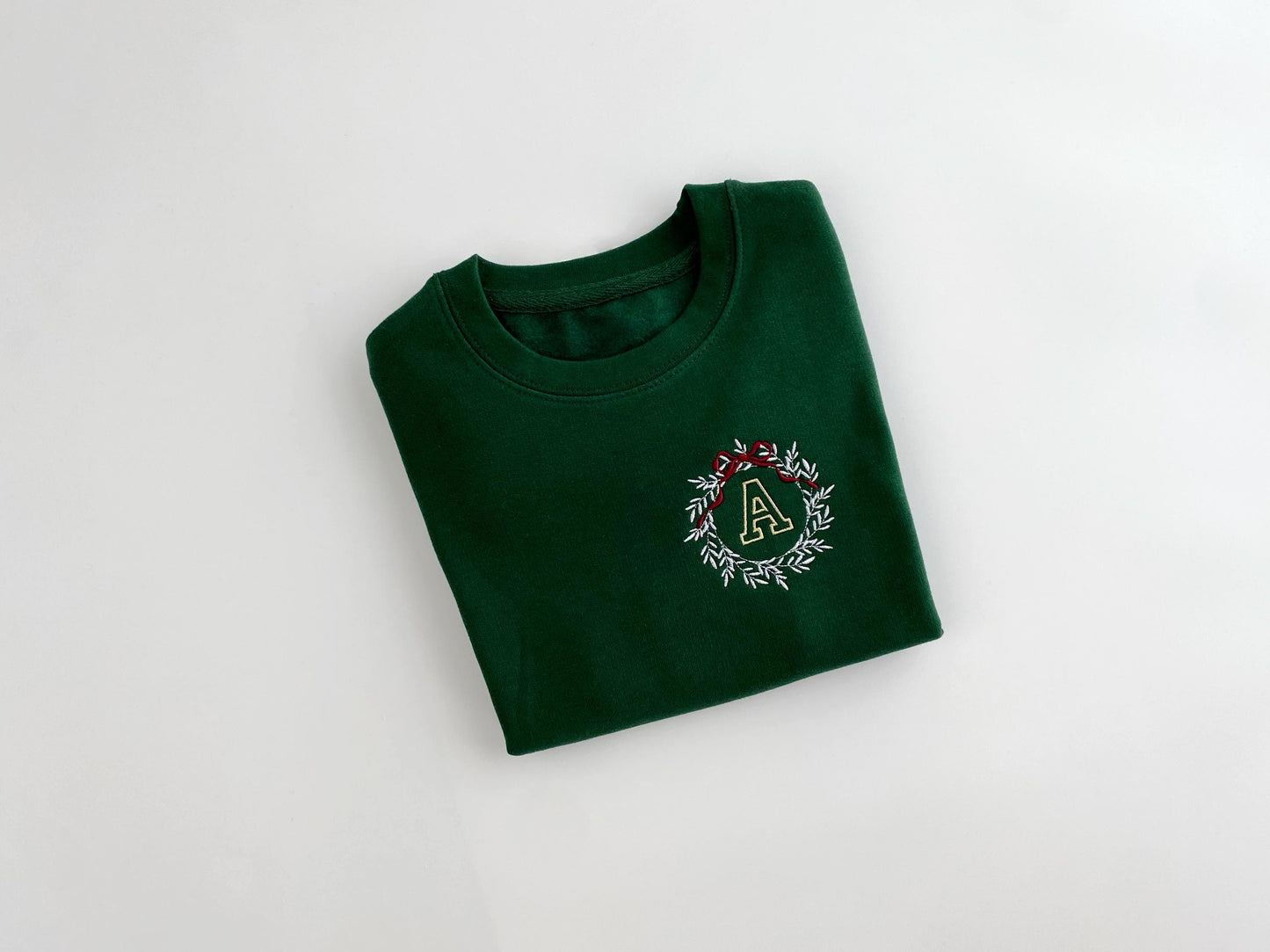 Personalized Kids Christmas Sweatshirt: Embroidered Initial Wreath