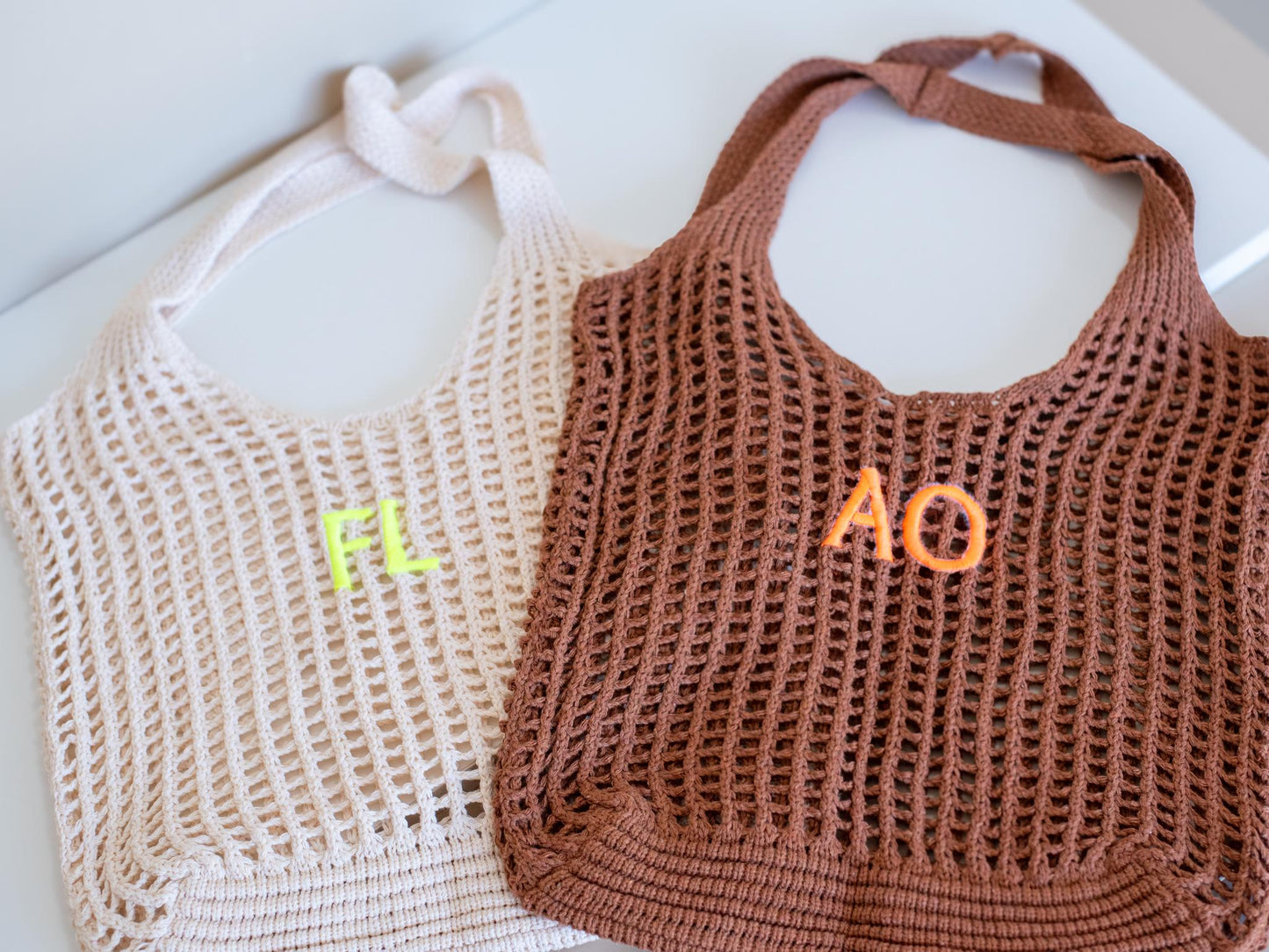 Crochet Market Tote with Initials – Personalized Cotton Mesh Bag