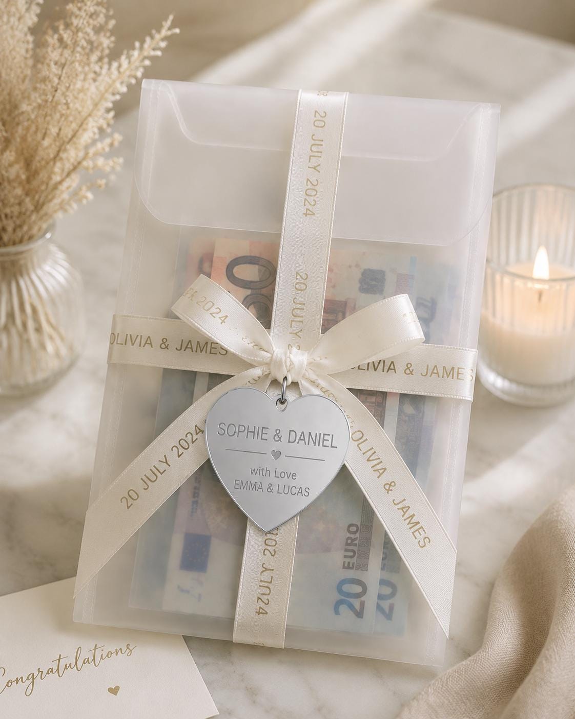 Custom Birthday Money Wallet Envelope, Engraved Heart, Ribbon Gift