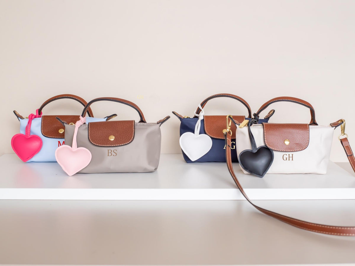 Personalized Mini Crossbody Bag: Embroidered Initial Nylon Tote with Charm