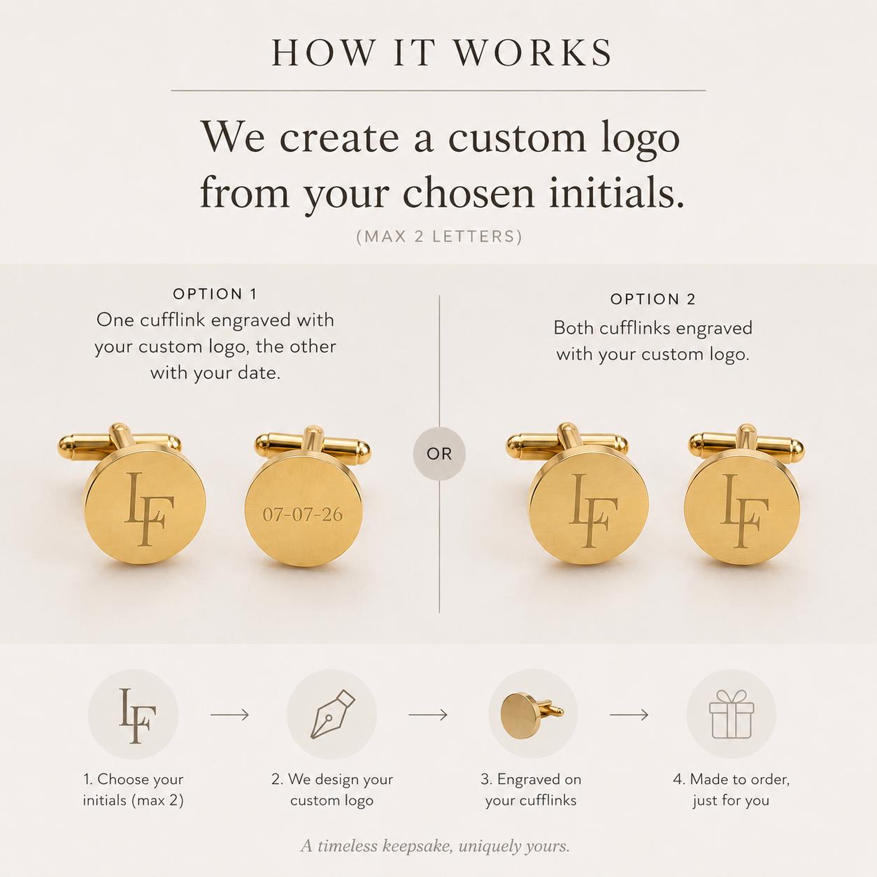 Personalised Monogram & Date Engraved Cufflinks, gold and silver cuff links square or round