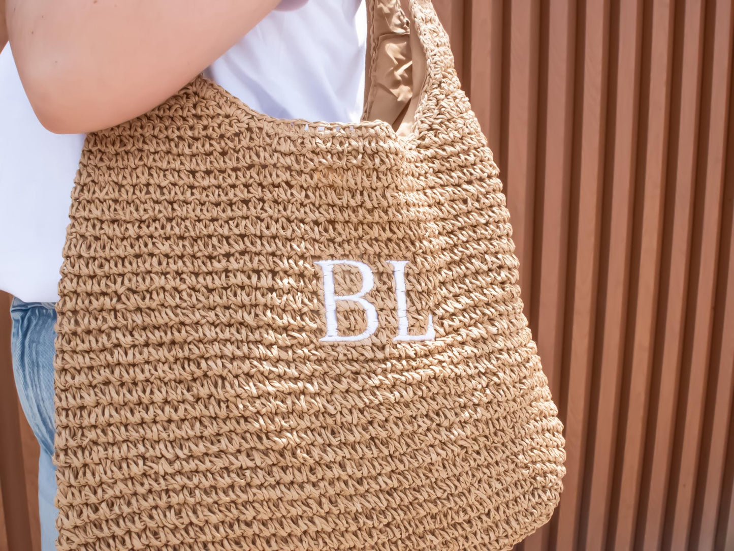 Personalized Embroidered Raffia Beach Shoulder Bag - Custom Straw & Hessian Tote
