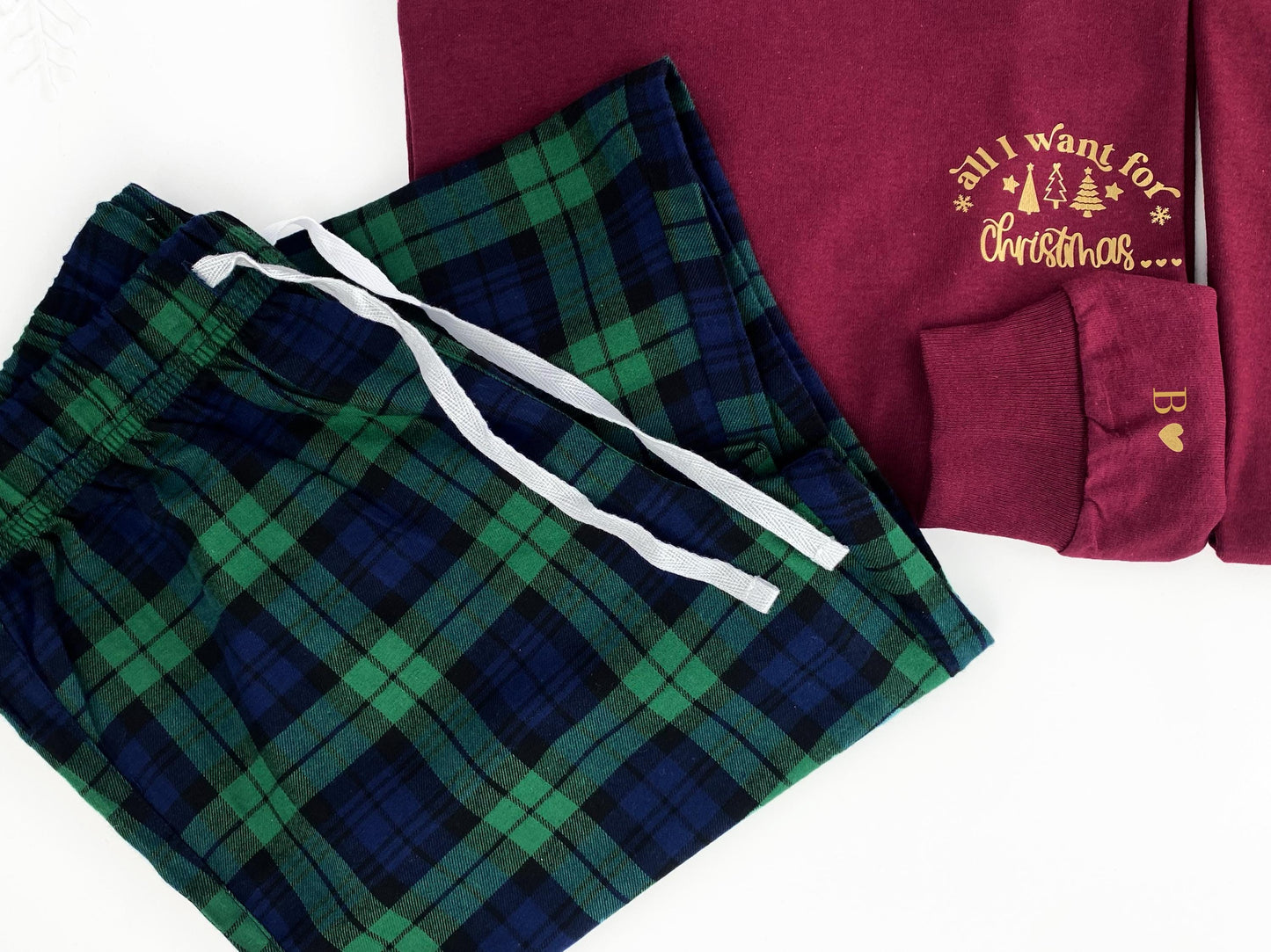 Couples Christmas Pyjamas: Matching Long Sleeve Tartan Set gingham green