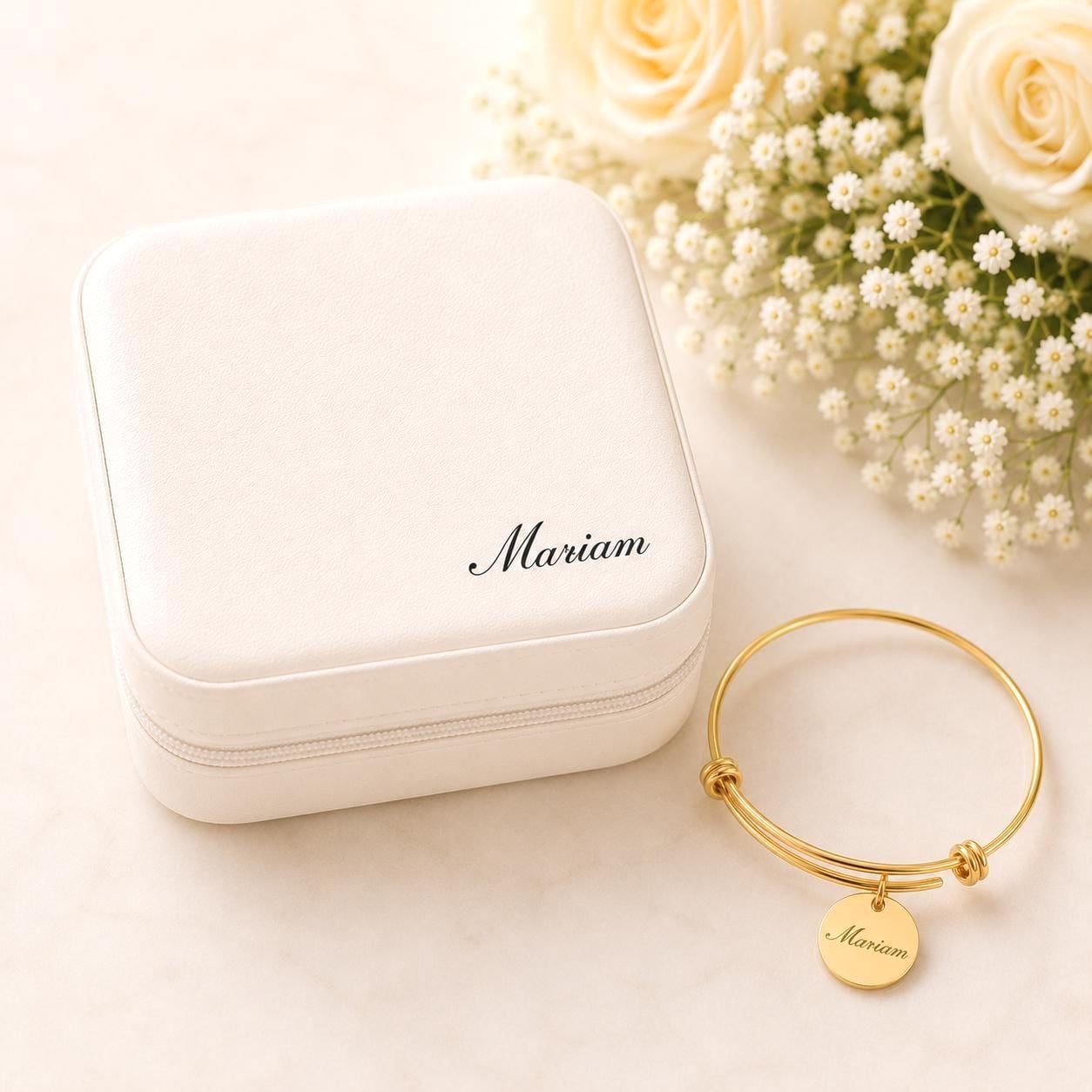 Personalized Bridesmaid Gift Set, Engraved Name Bracelet, Travel Jewelry Box