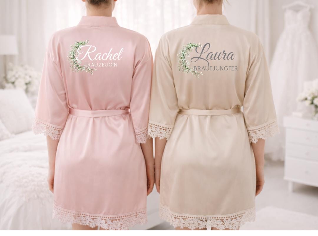 Personalized Satin Bridesmaid Robe, Lace Sleeve Wedding Dressing Gown