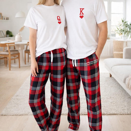 King and Queen of Hearts Matching Couple Pyjamas, Tartan Flannel Set