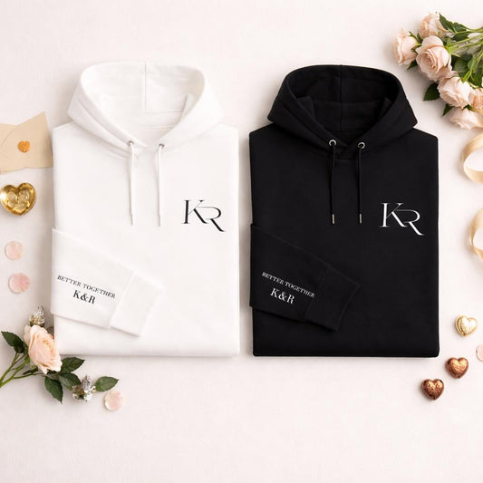 Matching sweatshirt for couples valentines gift, with initials and message on sleeve cuff