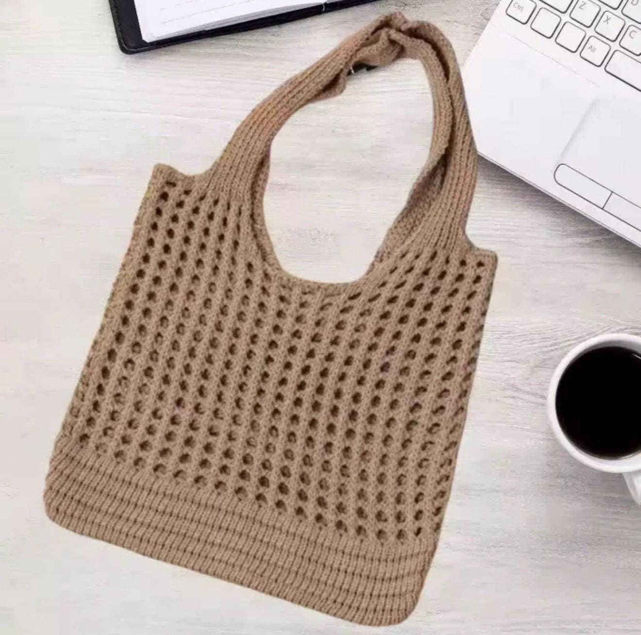 Crochet Market Tote with Initials – Personalized Cotton Mesh Bag