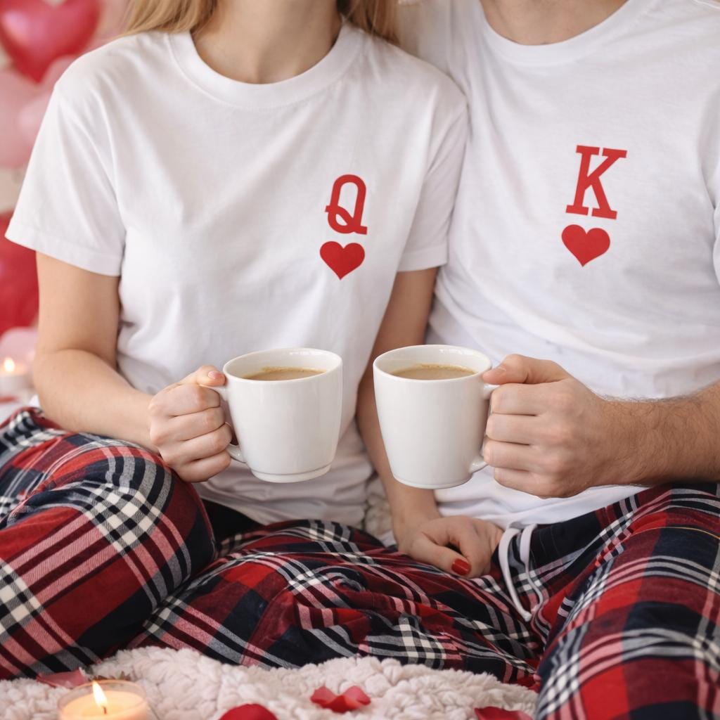 King and Queen of Hearts Matching Couple Pyjamas, Tartan Flannel Set