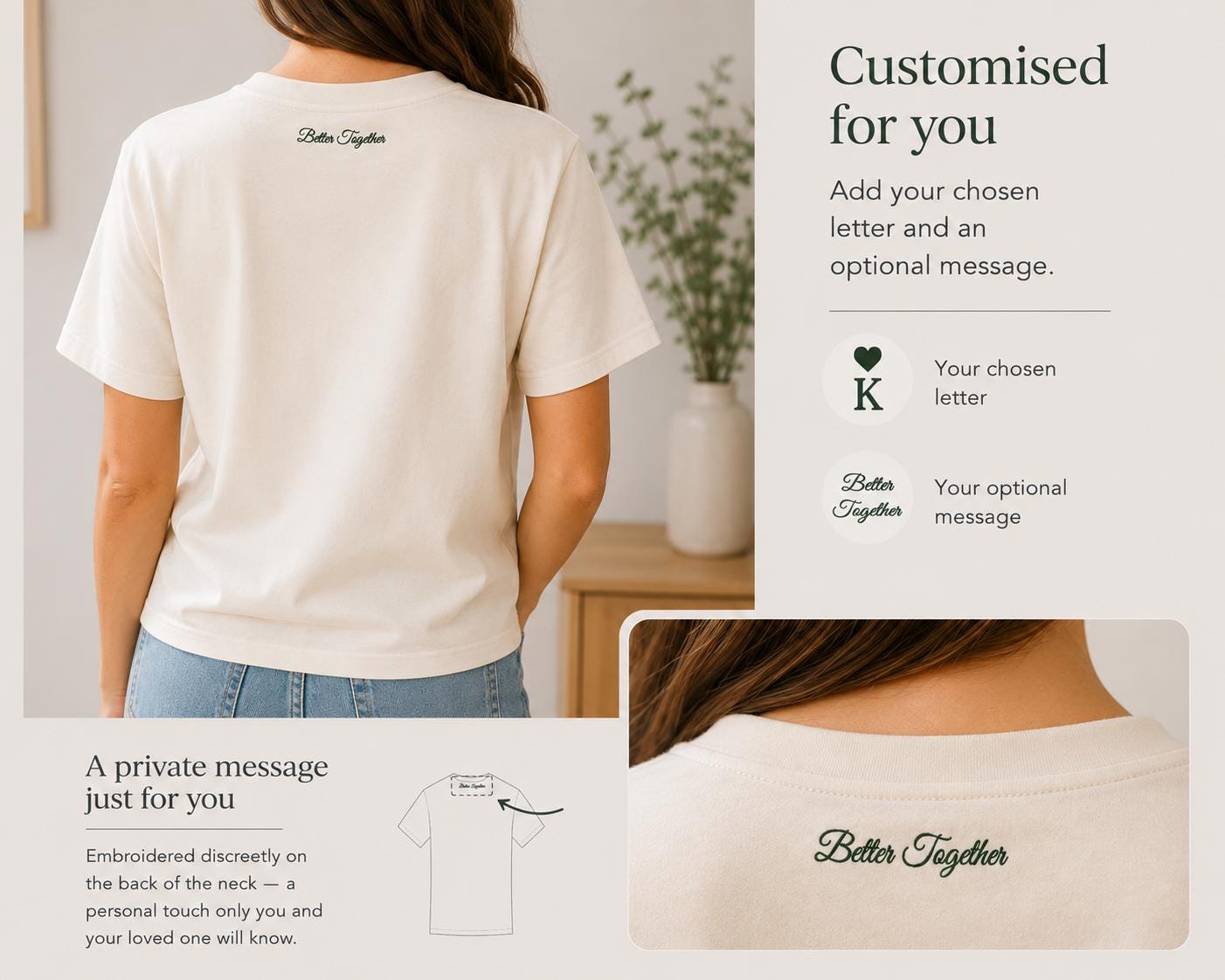 Matching Embroidered Couple Shirts | Personalized Initial T-Shirts | Hidden Message Neck Embroidery | Anniversary Gift for Couples