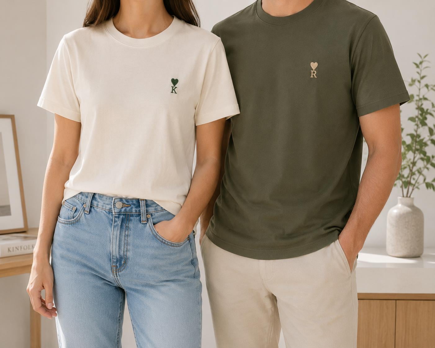 Embroidered Couple T-Shirts | Custom Initials, Heart Detail | Anniversary Gift