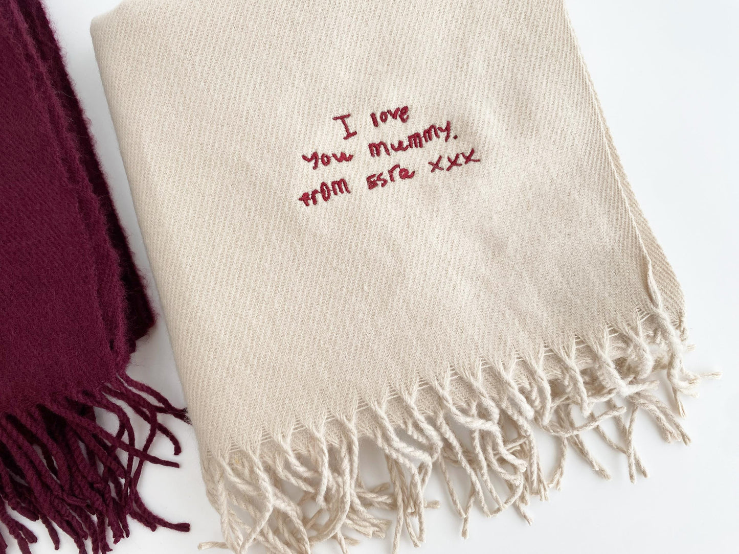 Embroidered Handwriting Scarf: Custom Wool Scarf, Sentimental Gift