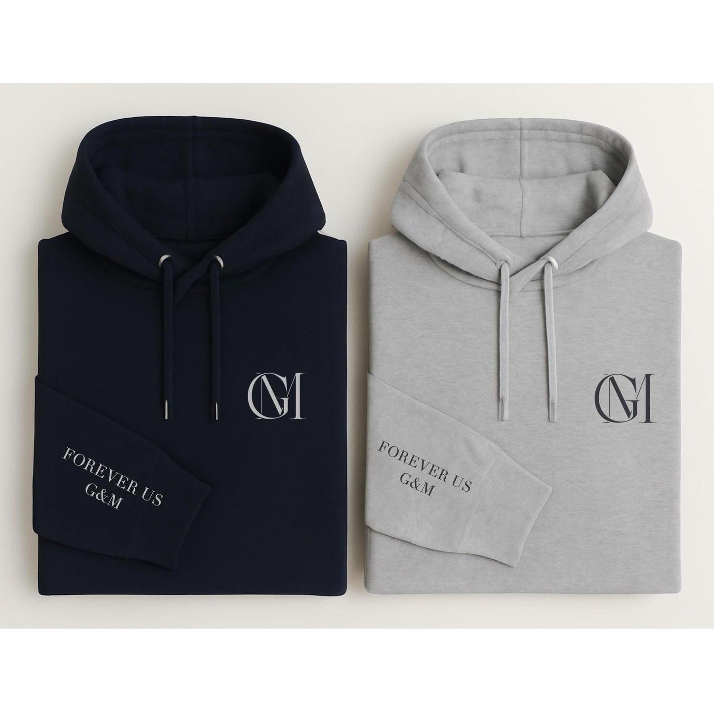 Custom Matching Couple Hoodies with Initials & Sleeve Message | Personalized Monogram Logo Sweatshirts for Couples
