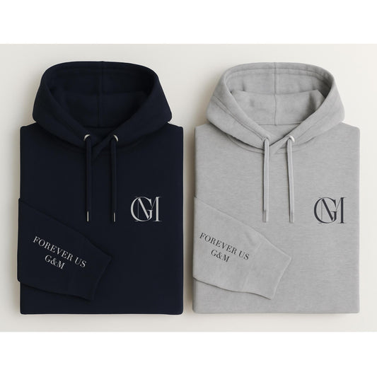 Custom Matching Couple Hoodies with Initials & Sleeve Message | Personalized Monogram Logo Sweatshirts for Couples