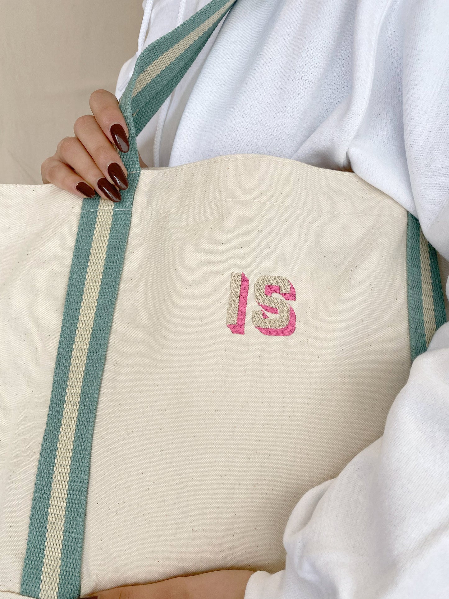 Embroidered Canvas Tote Bag, Monogram Initials, Striped Handles, Beach Bag