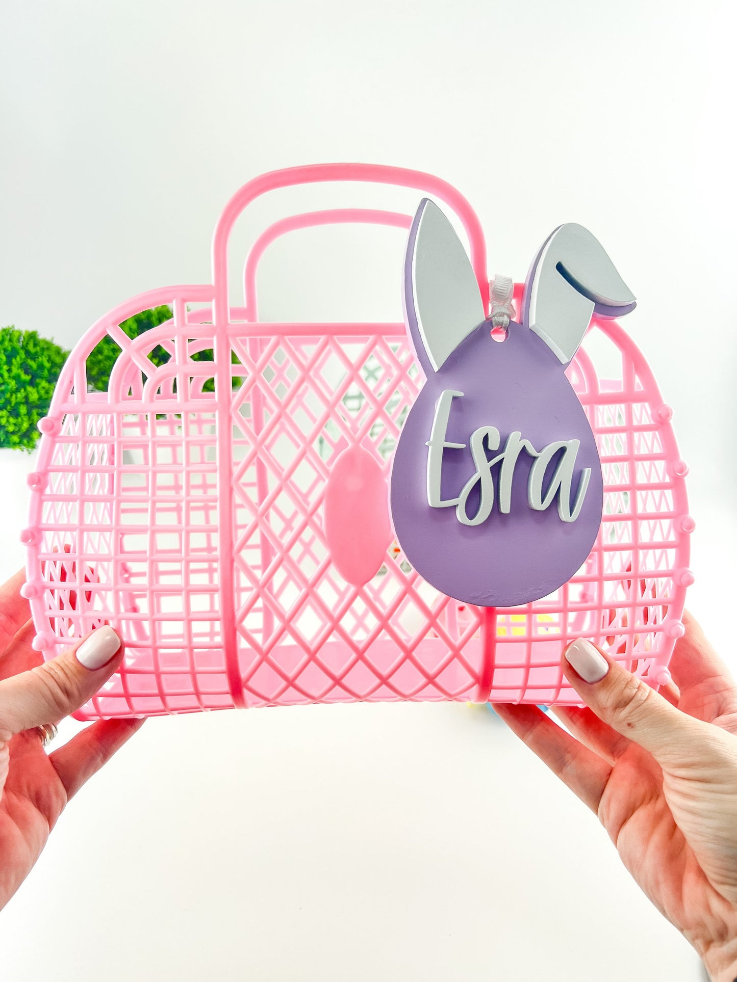 Personalized Easter Basket: Jelly Bag with Wooden Bunny Tag