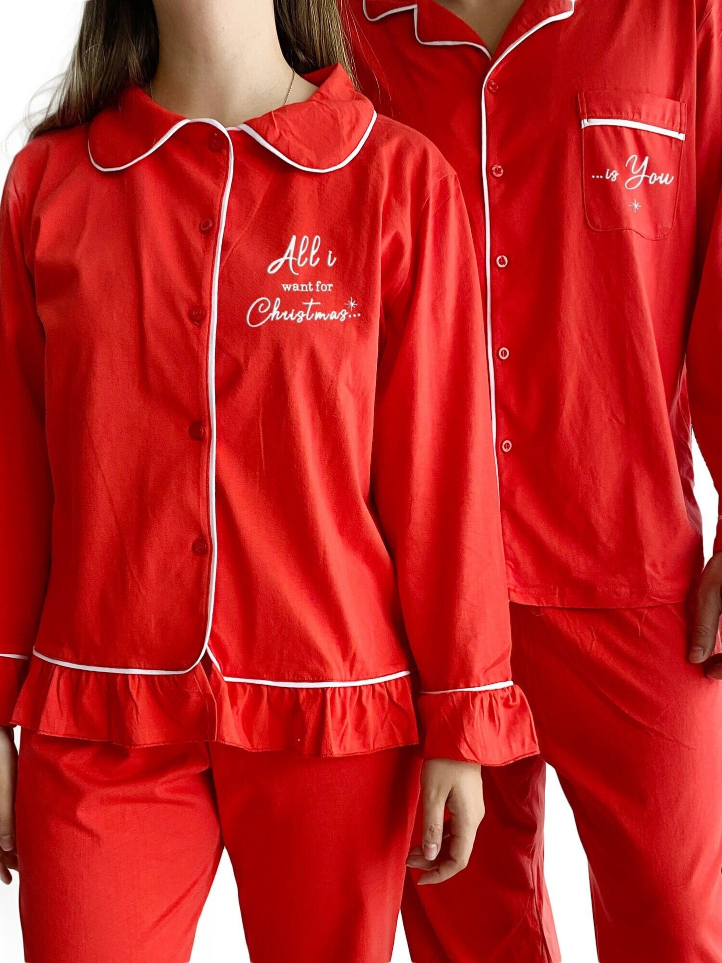 Matching Couple Christmas Pajamas Set: Embroidered Cotton Sleepwear