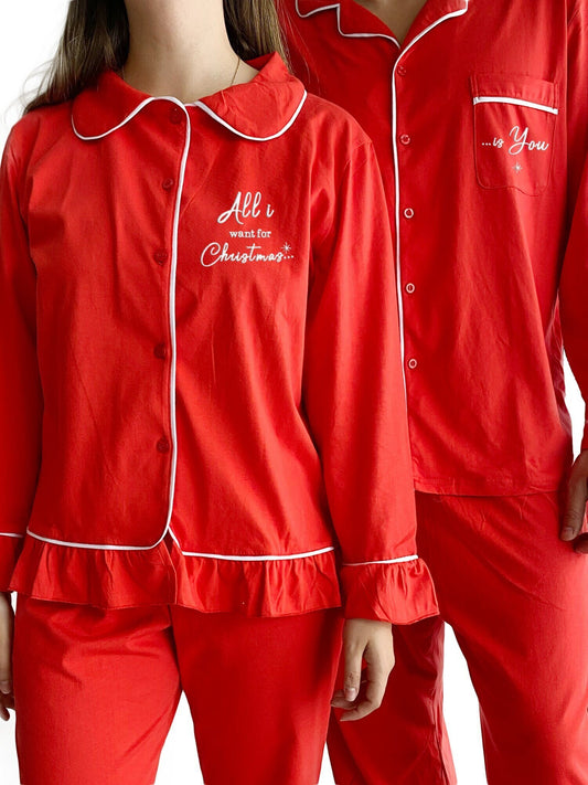 Matching Couple Christmas Pajamas Set: Embroidered Cotton Sleepwear