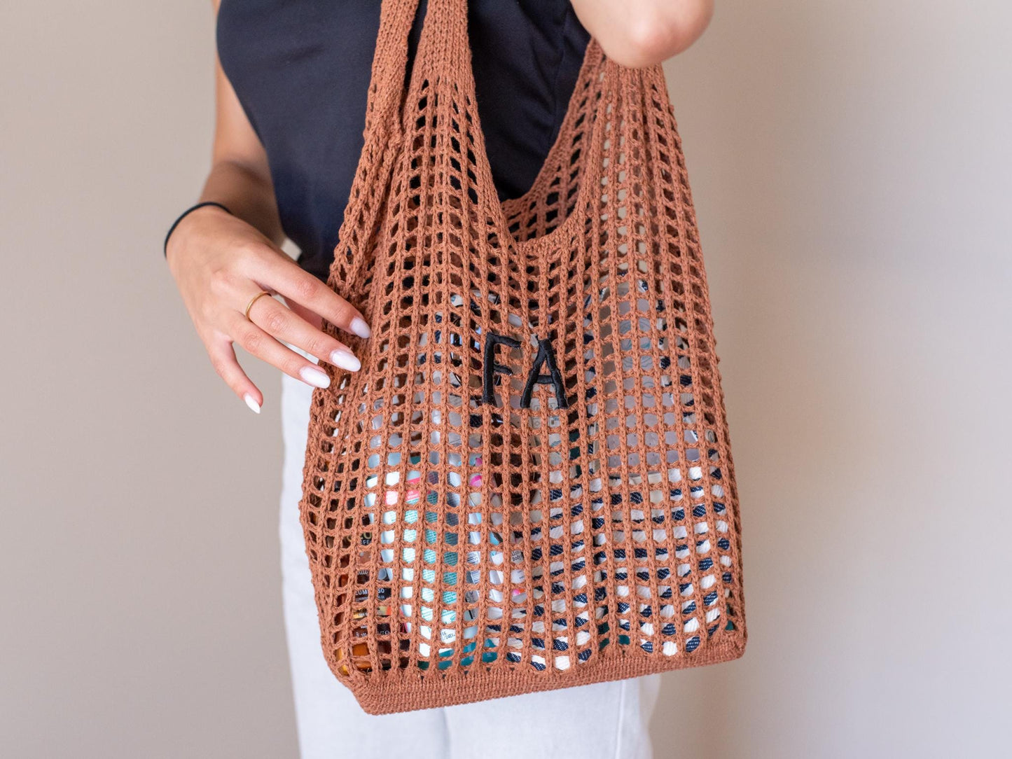 Crochet Market Tote with Initials – Personalized Cotton Mesh Bag
