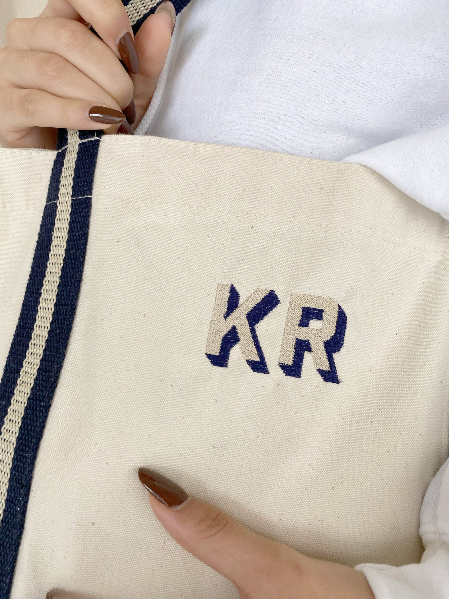 Embroidered Canvas Tote Bag, Monogram Initials, Striped Handles, Beach Bag