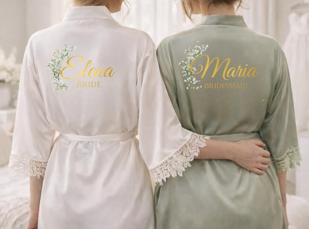 Personalized Satin Bridesmaid Robe, Lace Sleeve Wedding Dressing Gown