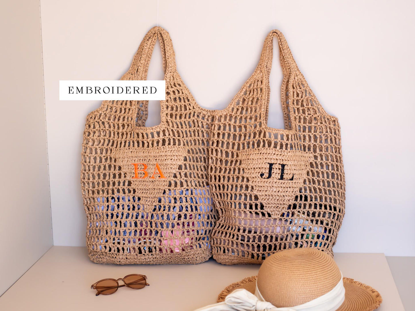 Personalized Raffia Beach Tote: Embroidered Initial Monogram