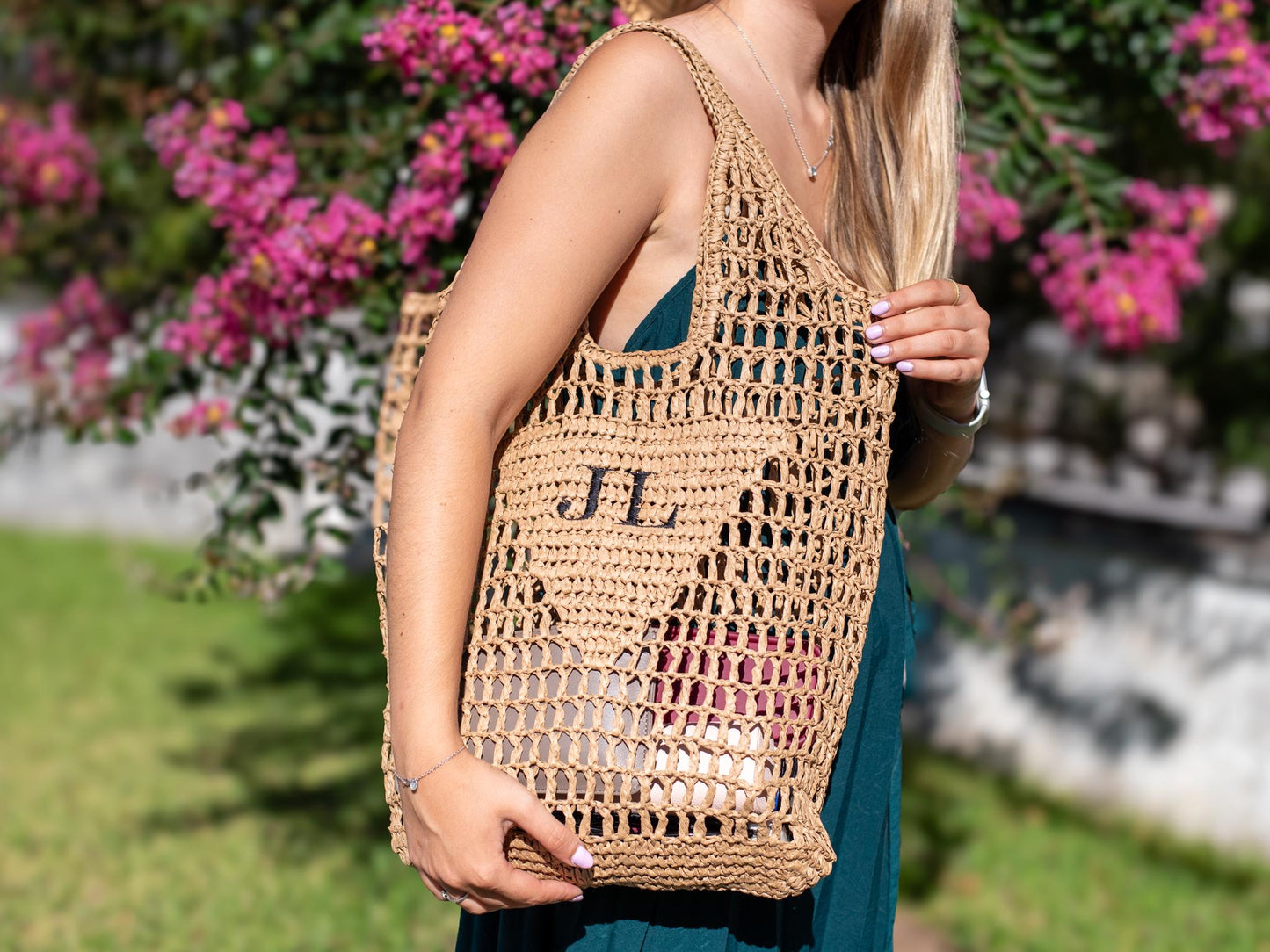 Personalized Raffia Beach Tote: Embroidered Initial Monogram