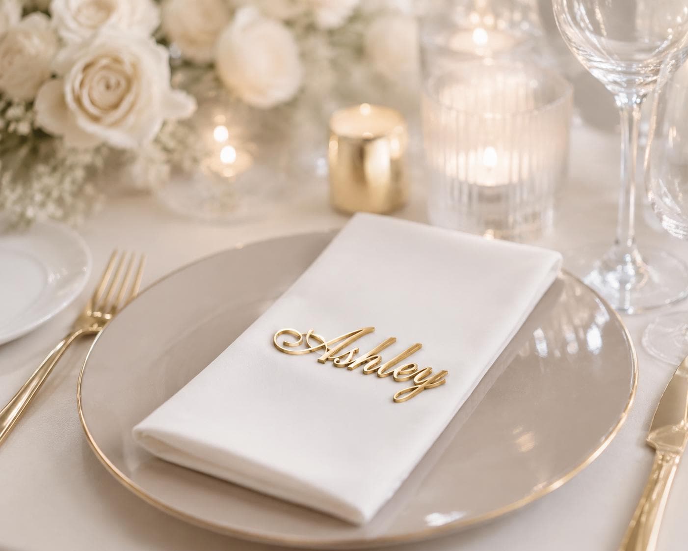Personalized Acrylic Wedding Name Place Cards, Gold Mirror, Frosted, Black, White Names