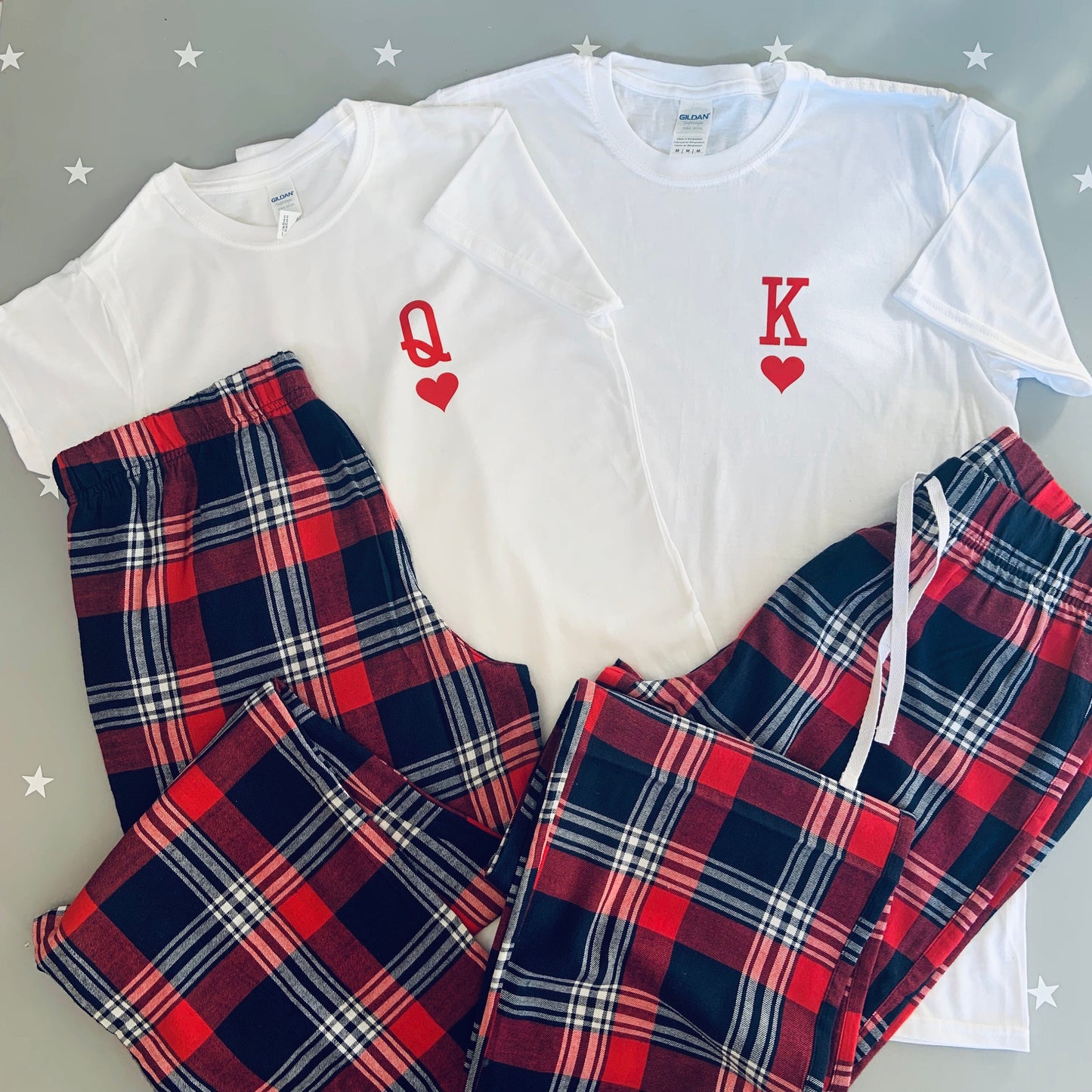 King and Queen of Hearts Matching Couple Pyjamas, Tartan Flannel Set