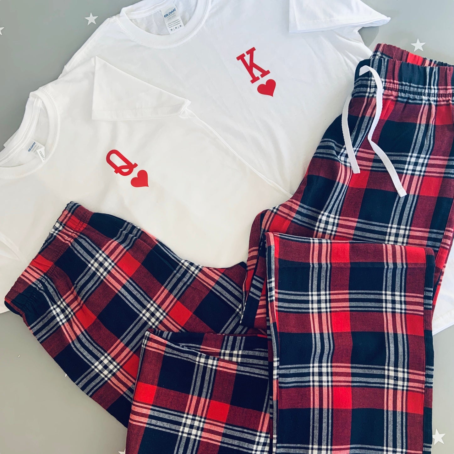 King and Queen of Hearts Matching Couple Pyjamas, Tartan Flannel Set