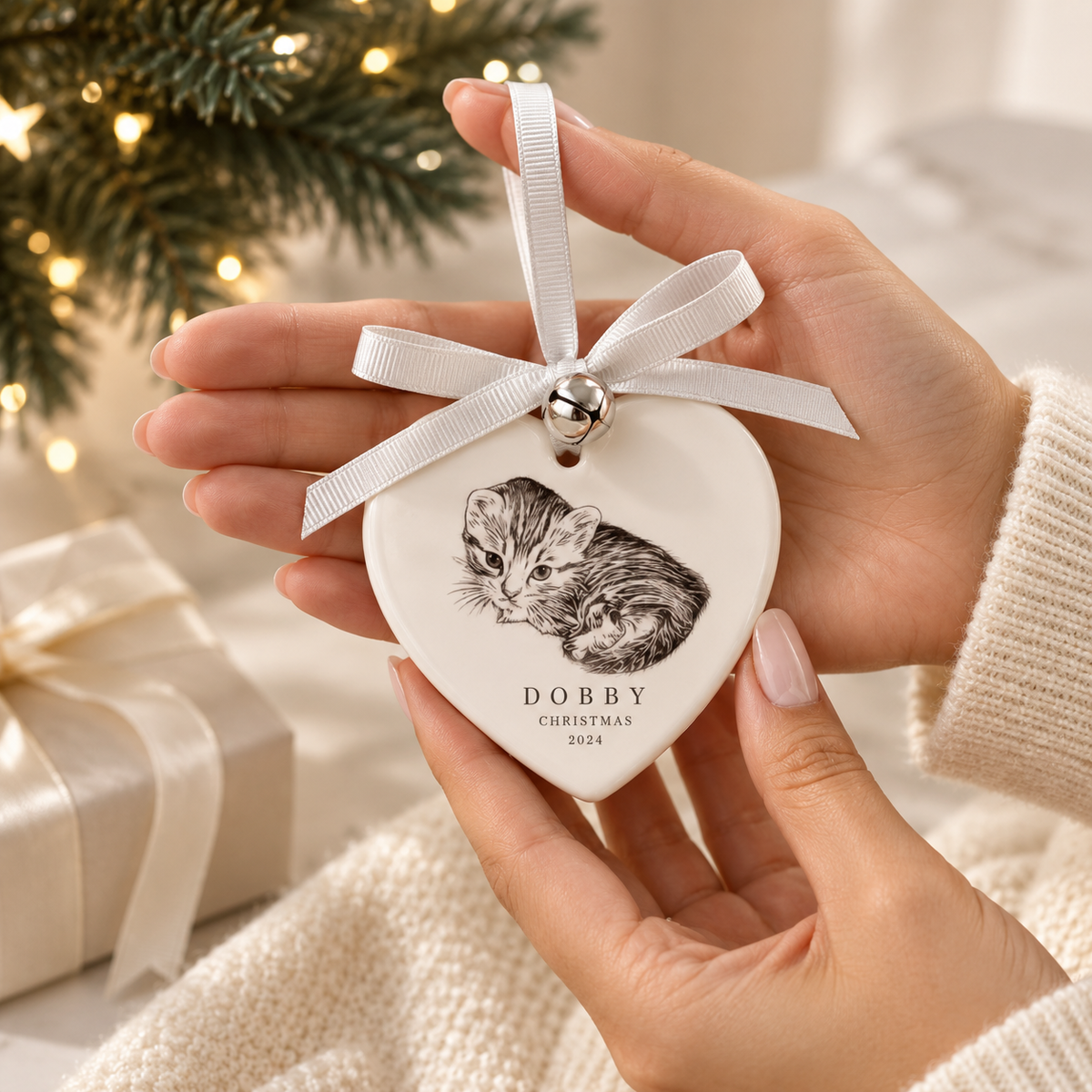 Ornement de Noël personnalisé pour animaux de compagnie : portrait commémoratif en céramique pour chien ou chat