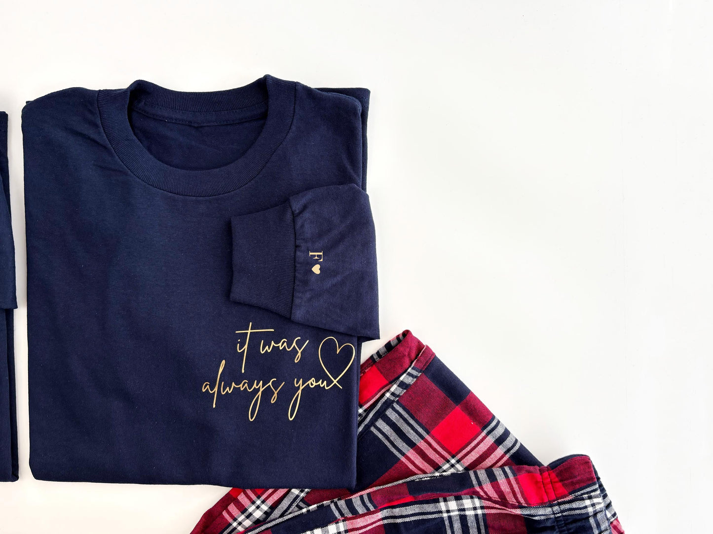 Matching Couples Christmas Pajamas: Tartan Flannel, Personalized Initials
