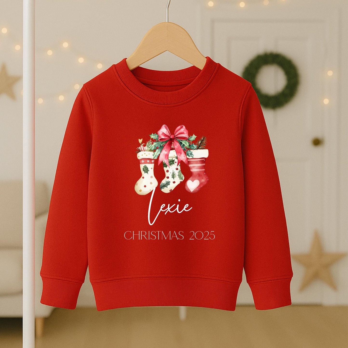 Personalized Christmas Jumper, Kids Xmas Sweater, Red Bow & Stocking
