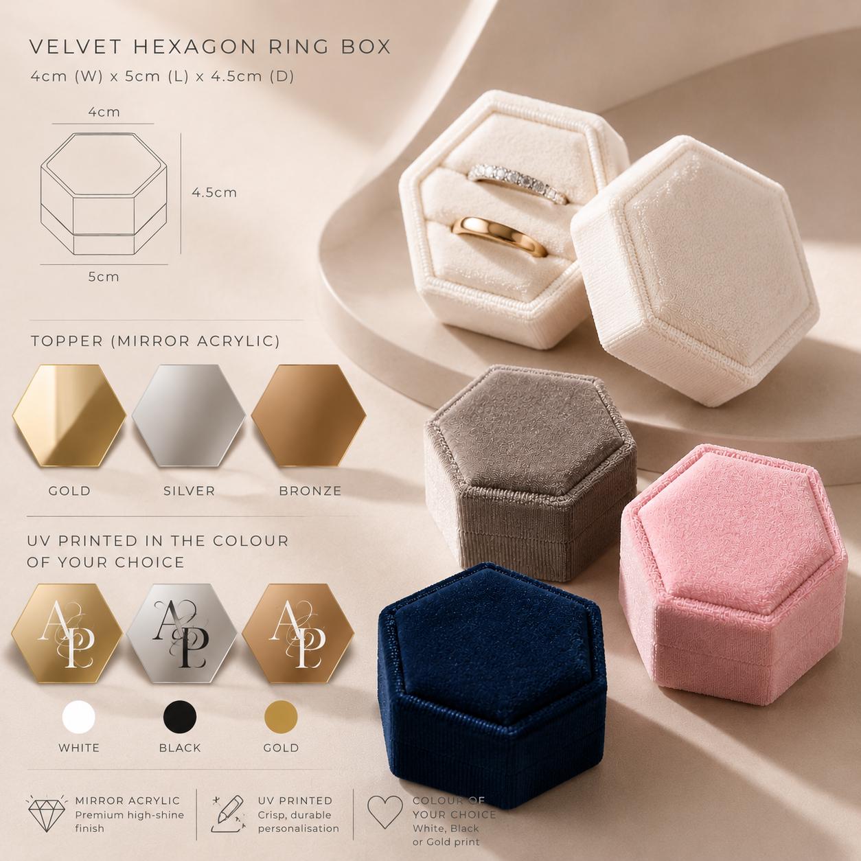 Wedding Ring Box with Custom Monogram | Bespoke Wedding Logo Service | Velvet Hexagon Band holder