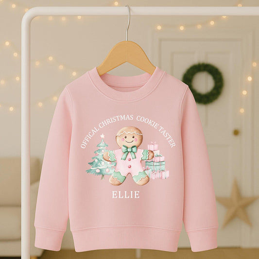 Custom girls Christmas sweatshirt with name,  Christmas cookie taster gingerbread man jumper
