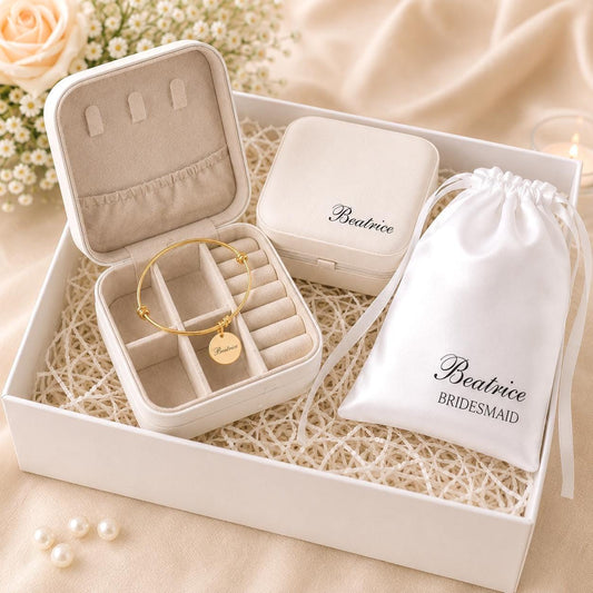 Personalised Bridesmaid Gift Set, Custom Name Bracelet, Jewellery Box, Bridal Party Thank You